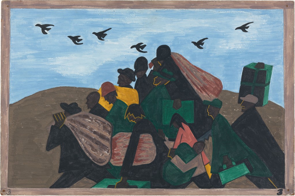 Image of a tempera painting in tones of emerald, beige, pastel blue, black and mustard. A dozen African American people are clustered in the center of the frame, appearing to travel toward the left. They carry bags, boxes and suitcases. Six birds fly overhead, in the same direction.